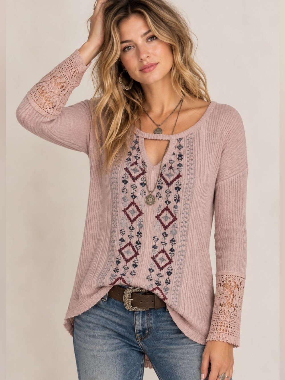 KNOX ROSE BOHO EMBROIDERED KNIT LONG SLEEVE LACE CUFF PINK TUNIC TOP LRG